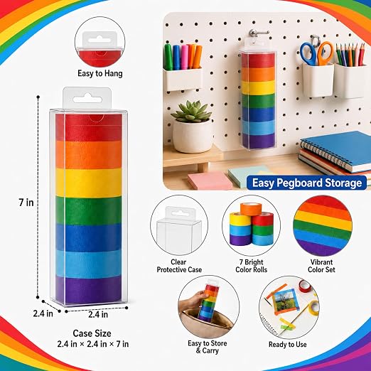 Colored Masking Tape 1 Inch, 7 Rolls, Colorful Tape for Crafts. | 7 colored tape rolls, 14.2 yd each, writable and removable, easy to tear by hand, in a clear hanging case.