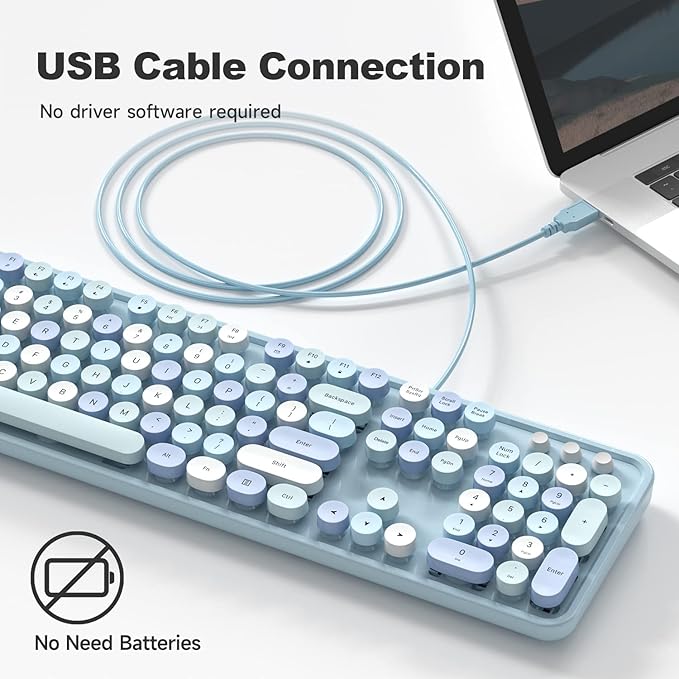 Computer Keyboard Wired, Plug and Play USB Retro Round Typewriter Keyboard, Full Size Wired Keyboard with Foldable Stands for Laptop and Office PC