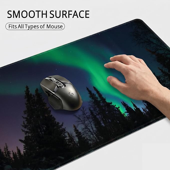 Auhoahsil Northern Lights Aurora Desk Mat, Ultra Large Full Desk Gaming Mouse Pad, Dark Night Forest Landscape Extended Keyboard Pad, Nature Aesthetic Desk Pad for Home Office Gaming, 35.4"x 15.7"
