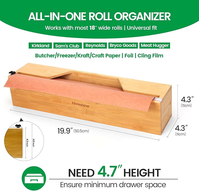 Compact 18 Inch Foil Dispenser & Butcher Paper Dispenser with Slide Cutter, Wall-Mount Bamboo Paper Roll Organizer for Kraft/Freezer/Wax Paper, for Countertop, Drawer or Cabinet