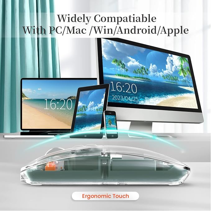 AJAZZ Wireless Bluetooth5.1&2.4G Mini Lightweight Mouse,Transparent Clear Cool,Rechargeable Silent Computer Mice,Nano USB C Receiver,LED Battery Magic Silm for Office/PC/Mac/Laptop/Apple/ipad(Green)