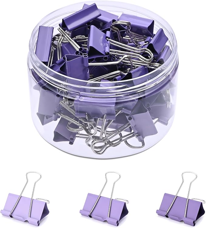 Temiary Binder Clips, Medium Metal Binder Paper Clip Purple 0.98Inch, 48 P | Colored Binding Paperwork Clamp Bulk for Office, Home, School