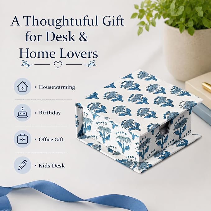 CPC Apatite Blue Block Print Cotton Desk Organizer Sticky Note Holder | Cute, Aesthetic, Decor Accessories, Workspace Organizers, Caddy Storage, Gift for Office, Professionals, Student