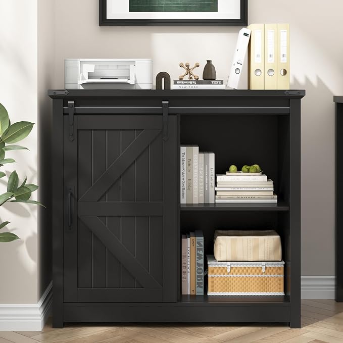 Halitaa Lateral Filing Cabinets with Adjustable Shelf, Black | Farmhouse File Cabinet with Lock for Home Office, Filing Storage Cabinets with Sliding Barn Door for Hanging Files Letter/A4