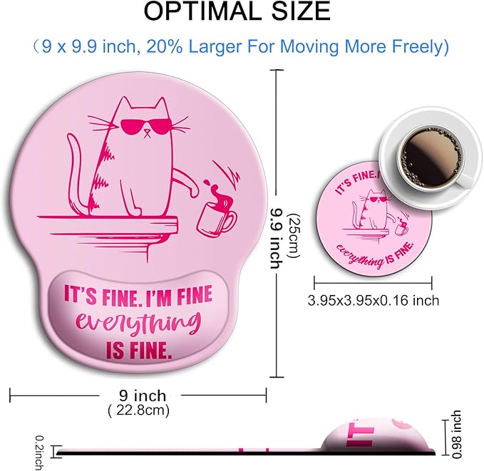 Ergonomic Mouse Pad with Wrist Support Rest,Large Mousepad Gel Wrist Rest, with Coaster Non-Slip & Pain Relief for Computer, Desk, Home&Office-Pink Cute Funny Cat