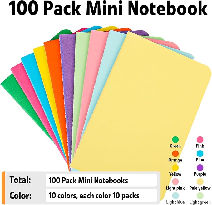 100 Pack Small Lined Notepads Bulk, Mini Journal Pocket Notebooks Set 3.5 Inch x 5.5 Inch, Colored Cover Notebook Wide Ruled, 10 Colors 24 Sheets (48 Pages) for Traveler, Students, School Supplies