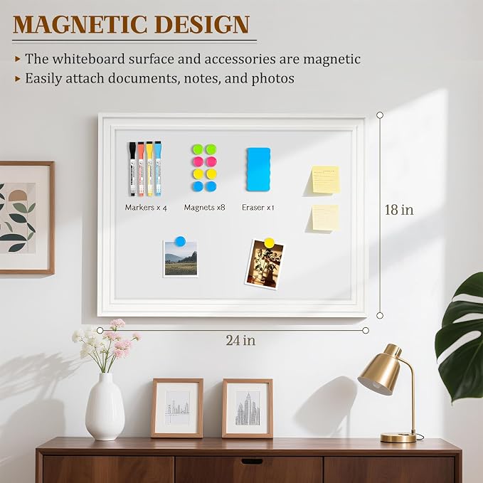 White Board for Wall, 24'' x 18'' Magnetic Dry Erase Board, White | Wooden Frame, Decorative Whiteboard, Wall Mounted, for Home, Office, Kitchen, Dorm, 4 Markers, 6 Magnets, A Eraser
