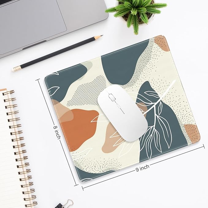 Mouse Pad, Minimalism Marble Style Computer Pad, Anti-Slip Rubber Mouse Mat with Stitched Edges for Gaming, Office, Laptop, PC, Women, 9" x 8" Thick 3 mm, Boho Leaves