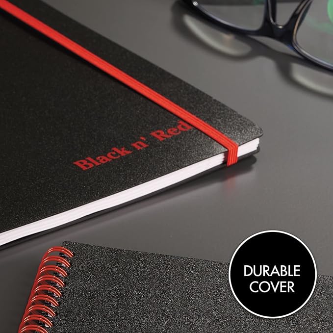 Black n' Red Notebooks, Business Journals, 3 Pack, 8-1/4" x 5-7/8", 70 Sheets, Ruled, Optik Paper, Scribzee App, Flexible Poly Cover, Wirebound, Black (400161061)