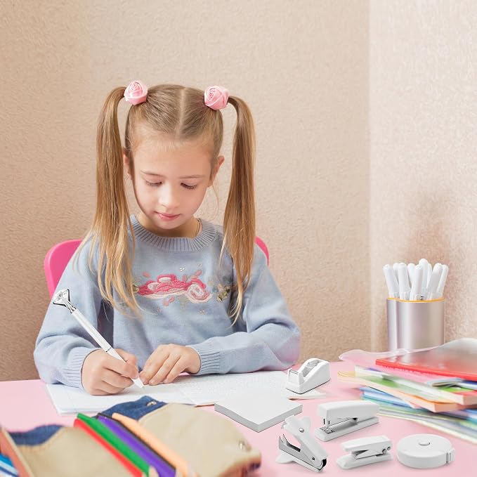 White Desk Accessory Kit Cute Office Supplies Set Desktop Stapler Set Includes Staple Remover Hole Punch Tape Dispenser Ballpoint Pen Scissor Mini Box Cutter Tape Measure Paper Clips Sticky Notes