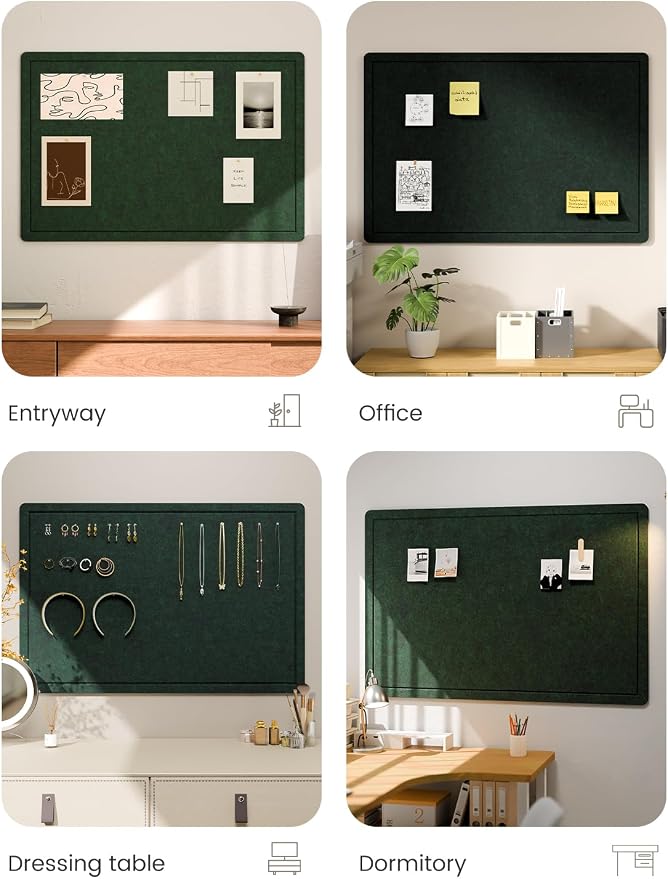 Fluxynara 35.4" x 23.6" Bulletin Board, Pine Green | Cork Board Alternative with 12 Removable Adhesive Tabs, Foldable Felt Pin Board for Home, Office, Classroom & Dorm