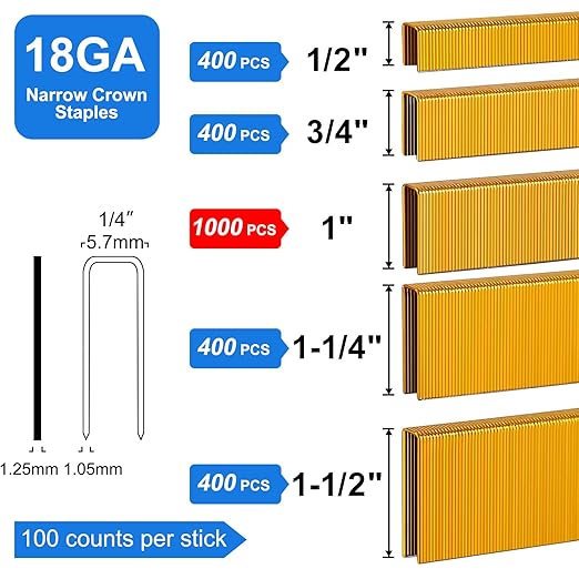 18 Gauge 1/4" Narrow Crown Staples, Galvanized Upholstery Staples for 18 GA Pneumatic or Electric Stapler or Staple Gun (1/2"+3/4"+1"+1-1/4"+1-1/2" -2600 pcs)