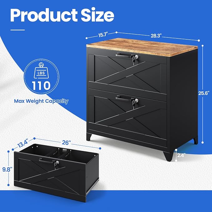 MIIIKO 2 Drawer Lateral File Cabinet with Lock,Metal Filing Storage Cabinets for Home Office,Files Folders Letter/Legal/A4 Size