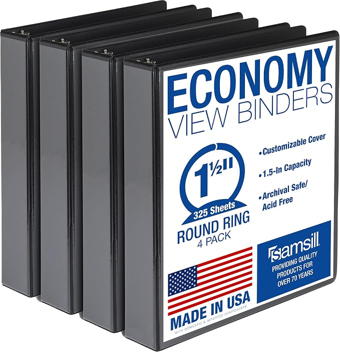 Samsill 1.5 Inch 3 Ring Binders, Made in USA, Economy Round Ring, Clear View Cover, 325 Sheet Capacity - for School, Home, Office - Black, 4 Pack