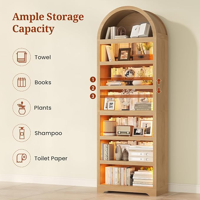 79.4" Tall Arched Cabinet,Bookcase with Storage,Mid-Century Modern 7-Tier Bookshelf with RGB Light,2 Book Risers,Adjustable Shelf offering More Space for Living Room,Kitchen,Home Office(Oak)