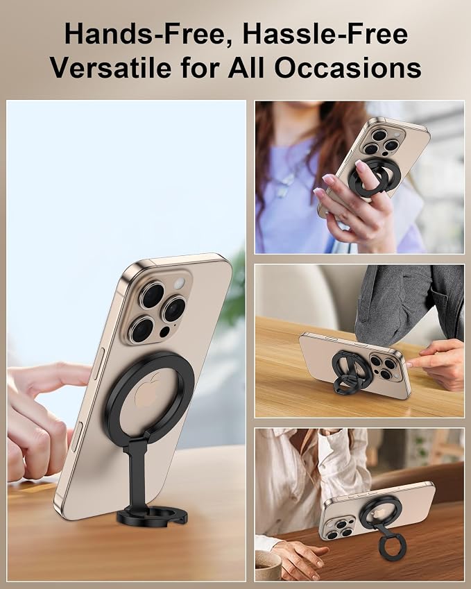 MagSafe Phone Grip Holder Dual-Sided Magnetic Finger Ring with Kickstand | for iPhone 17/16 Pro Max/15 Plus/14 Pro/13 Mini/12, Samsung, Magnet Phone Stand Grip Adjustable Loop for Mag Car Mount &Case