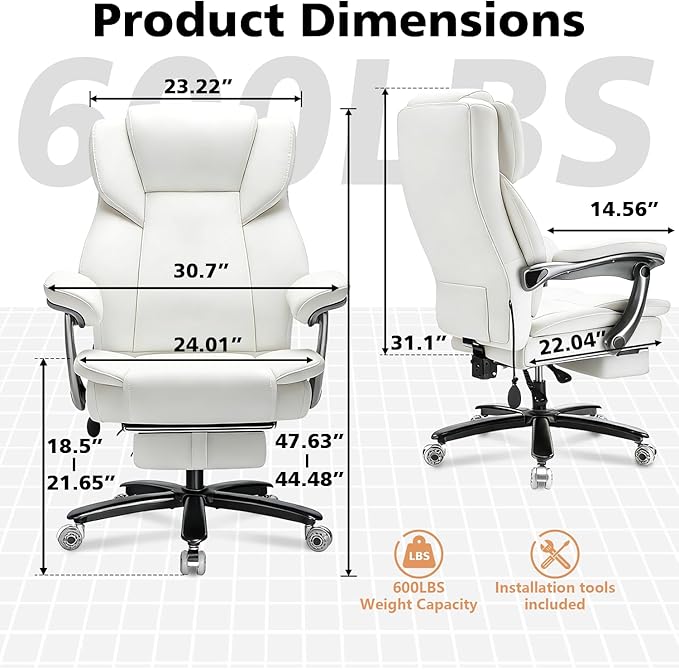 600lbs Big and Tall Office Chair for Heavy People,Heavy Duty Comfy Executive Office Desk Chair with Adjustable Lumbar Support,High Back Reclining PU Leather Computer Chair (Classic, White)