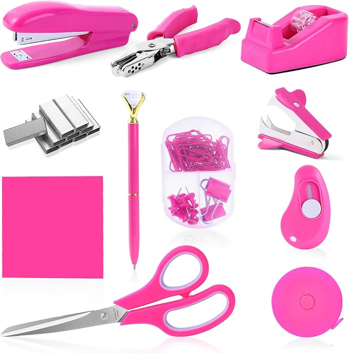 Hot Pink Desk Accessory Kit Cute Office Supplies Set Desktop Stapler Set Includes Staple Remover Hole Punch Tape Dispenser Ballpoint Pen Scissor Mini Box Cutter Tape Measure Paper Clips Sticky Notes