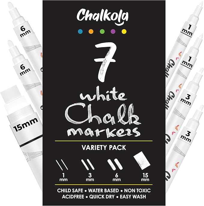 Chalkola 7 White Chalk Markers for Blackboard, Chalkboard Signs, Car Window, Bistro, Glass | Washable Fine Tip, Bold & Jumbo Size Dry Erase Liquid Chalk Pens Erasable (1mm, 3mm, 6mm, 15mm)