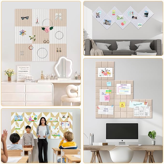 Felt Bulletin Board 48"x36"- 12 Pack Large Cork Board Tiles with 35 Pushpins & 50 Adhesive Tabs, Cork Board Alternative for Office, Classroom, Home & Kitchen Decor-Dark Camel