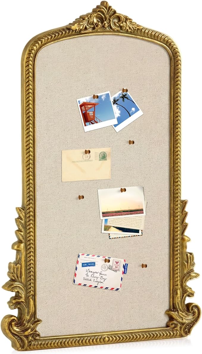 Vintage Framed Pin Board Linen Display Bulletin Board Large Ornate Fabric Picture Photo Pinboard Memo Decorative Prayer Pinboard Ornate for Wall Gift(Arch,19" X 31",Gold)