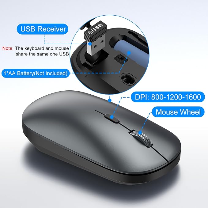 Wireless Keyboard and Mouse Combo, Ultra Slim Full Size Silent Keyboard | Scissor switch keys, quiet typing and clicking, 3 DPI adjustable mouse, 2.4GHz USB, for Computer,Windows, Mac, Laptop, PC