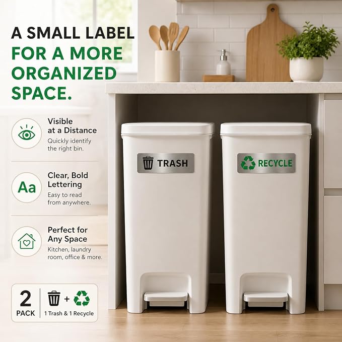 GRITKULTURE Premium Trash & Recycling Stickers for Bins – 2 Pack Metallic Look Printed Labels (Not Real Metal) – Clear Waste Sorting Decals for Kitchen, Office & Garage – Waterproof Vinyl, Easy Peel & Removable(1)