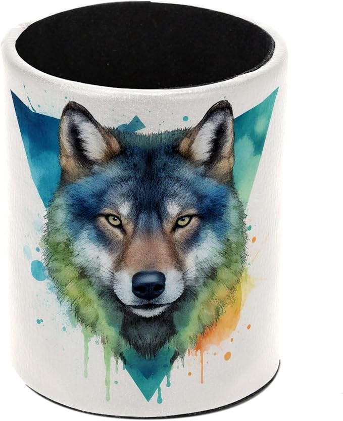 Leather Pen Holder for Desk, Watercolor Wolf Pencil Cup Pen Organizer Makeup Brush Holder for Office Home Kids Countertop Desk Accessory Storage