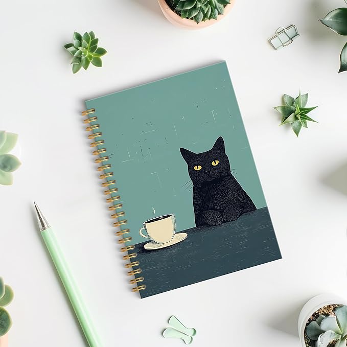 ROXMART Vintage Coffee Black Cat Spiral Notebook Journal, Cat Lover Mom Lady Gifts for Women, Funny Black Kitty Kitten with Coffee Hardcover Notebook Journal, 5.5x8.3 Inch