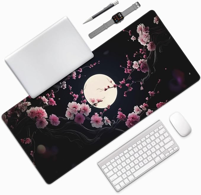XXL Gaming Mouse Pad 35.4x15.7 Inch, Large Extended Desk Mat | Cherry Blossom Design, Non-Slip Rubber Base, Water-Resistant Surface and Stitched Edges for Gaming, Office & Home