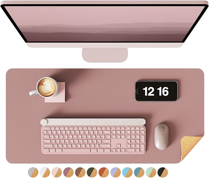 YSAGi Double-Sided Desk Pad, 23.6"x13.7" Leather Desk Mat, Eco Cork Desk Pad Protector, Large Mouse Pad for Desk, Waterproof Desk Blotter Pad, Desk Writing Pad for Office Work/Home(Pale Mauve/Cork)