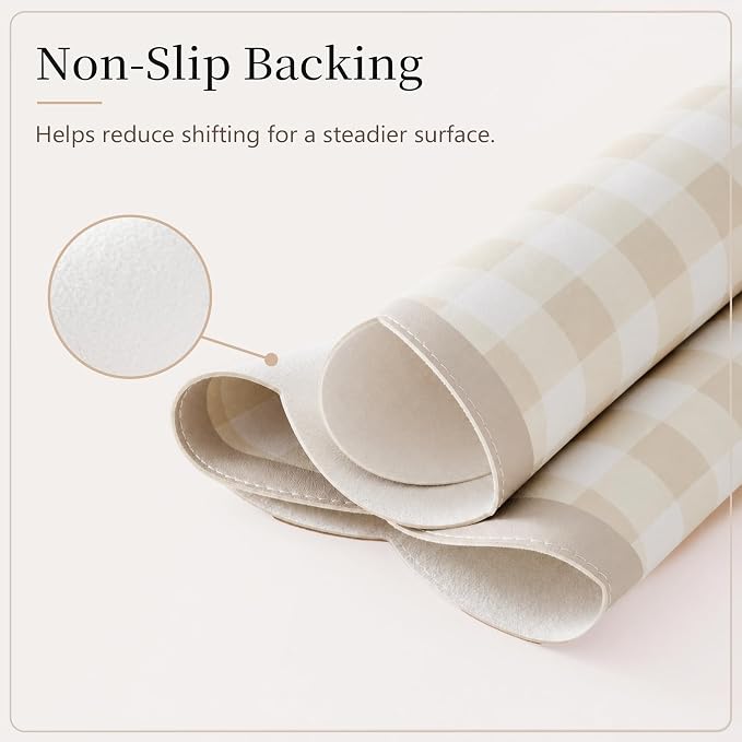 Ohocut Scalloped Gingham Checkered Desk Pad，Beige：31.5" x 15.7" | Large, Premium Faux Leather, Anti-slip Bottom, Water Repellent, Easy to Clean, Aesthetic Trendy Design