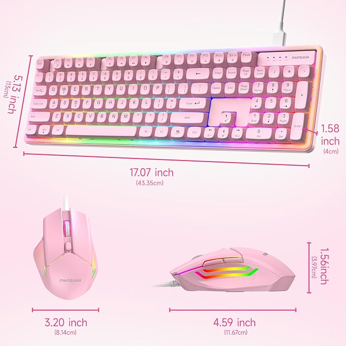 Wired RGB Keyboard and Mouse Combo, Rainbow Backlit, 104-Key Full-Size with Numpad, 6400 DPI Ergonomic High-Precision Mouse, USB Plug & Play, for PC Laptop Mac Windows Mac Office Gaming (Pink)