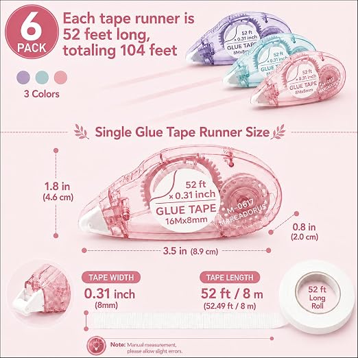 MARCADORUS Double Sided Tape Roller, Scrapbook Glue Tape 6 Pack, Extra-Long | 52 Ft x 0.31 In Each, 312 Ft Total; Permanent, Acid-Free, Photo-Safe Tape for Scrapbooks, Journals, Cards & Crafts