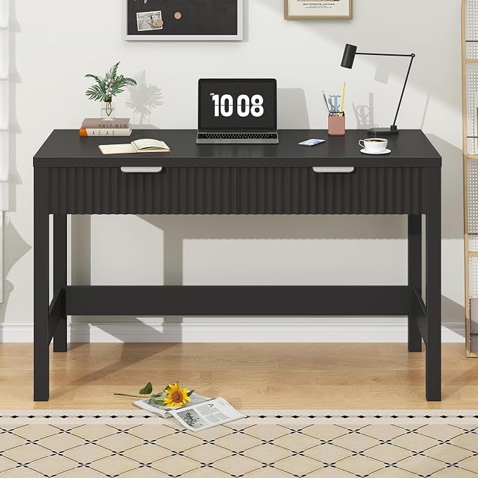 47 Inch Small Fluted Computer Desk with 2 Drawers for Bedroom, Home Office | Small Computer Desk with Storage, Compact Writing Study Vanity Desk for Small Spaces, Black