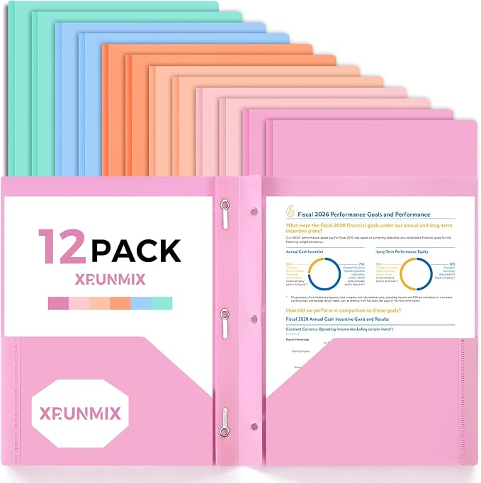 Two-Pocket-Folders with 3 Prongs, Letter Size Plastic Folders with Pockets and Prongs, Poly Plastic Folders for Office & School. 6 Pastel Colors (Assorted Colors - 12 Packs)