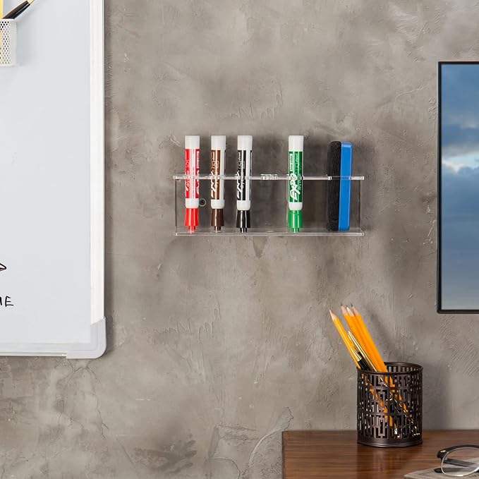 MyGift Acrylic Dry Erase Marker Holder, 10 Slot Whiteboard Organizer | Ten compartments organize markers, erasers, and board tools with a clear design for classrooms, offices, and workspaces