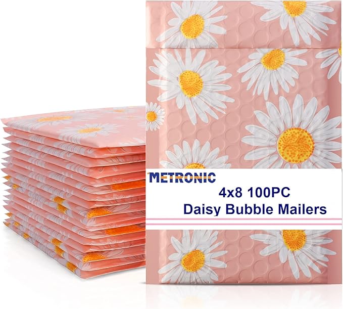 Metronic 4x8 Inch Bubble Mailer 100Pack, Pink Small Bubble Mailers, Fancy Daisy Bubble Envelopes, Self-Seal Adhesion Envelope Mailers,Small Padded Mailers for Packing, Bubble Mailers Usable Size 4x7