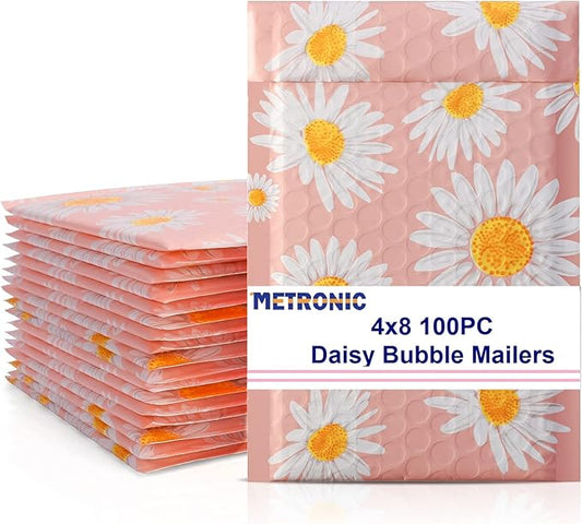 Metronic 4x8 Inch Bubble Mailer 100Pack, Pink Small Bubble Mailers, Fancy Daisy Bubble Envelopes, Self-Seal Adhesion Envelope Mailers,Small Padded Mailers for Packing, Bubble Mailers Usable Size 4x7