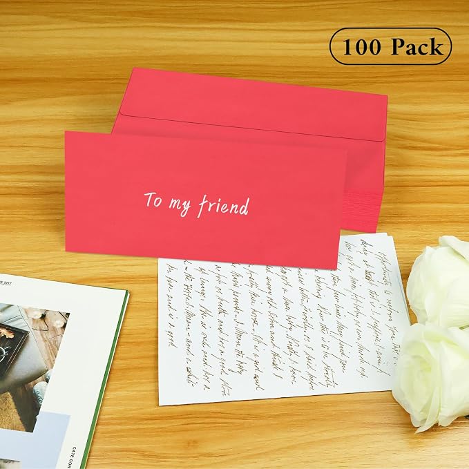 100 Pack Red #10 Business Envelopes, Christmas New Years Standard Envelopes Self Seal, Letter Size Mailing Envelopes for Checks Letters Invoices Birthday Graduation Wedding, 4 1/8 x 9 1/2 Inch