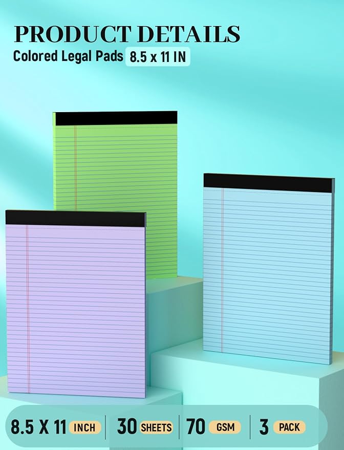 Colored Legal Pads, 3 Pack Writing Pads Note Pads 8.5 x 11 College Ruled | Easy Tear-Off, Note Pads Lined Paper Pads 8-1/2 x 11 Notebook Paper for Office Supplies, 30 Sheets/Pad