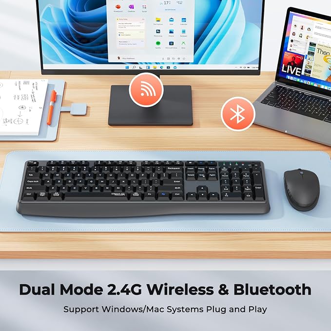 MEETION Wireless Keyboard Mouse Combo, Silent Full-Size Design, Black | Quiet keyboard with wireless optical mouse, adjustable DPI control, ideal for work, home use and multiple computer setups