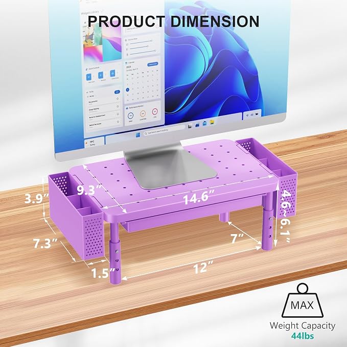 WALI Computer Monitor Stand with Storage and Pen Holder | 3 Height Adjustable Desk Organizer with Drawer, Desk Laptop Monitor Riser for Computer, Printer(PTT003-V), 1 Pack, Violet