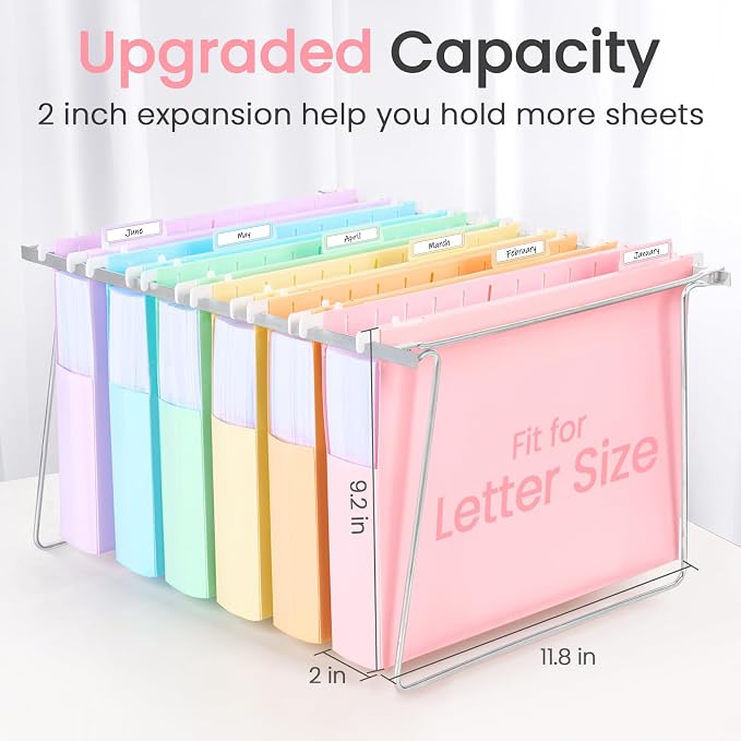 Sooez Extra Capacity Plastic Hanging File Folders, File Organizer | 25 Counts Expanding File Folders Letter Size with 2" Expansion, Adjustable Tabs for File Cabinet, Drawer, Pink