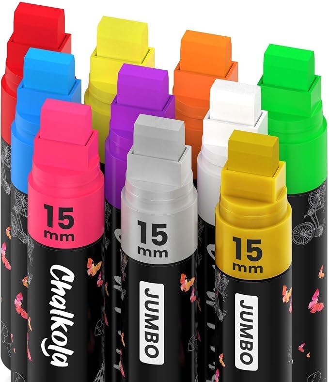 Chalkola Car Window Markers - 15mm Jumbo, 10 Chalk Pens (w/Gold, Silver) | 3 in 1 Nib, 15mm Fat Tip - Washable Liquid Chalk Markers for Blackboard, Chalkboard, Auto - Erasable Window Glass Pens