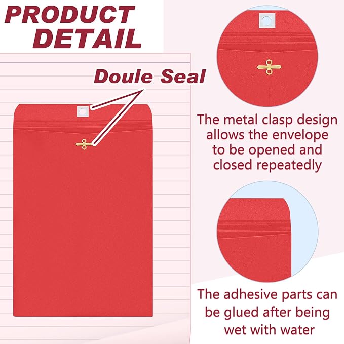 Geyee 100 Pcs Clasp Manilla Envelopes 10 x 13 Inch Gummed Colored Envelopes for Storing or Mailing for Home Office Business Supplies(Red)