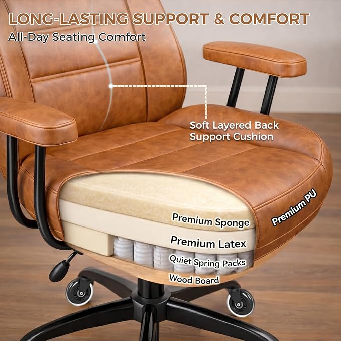 Brown Leather Office Chair with Quiet Rubber Wheels | Lumbar Support & Removable Arms, High-Density Foam Seat for All-Day Comfort, 360 Degree Swivel Home Desk Chair UXBBY002Z
