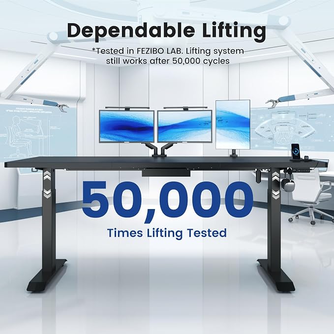 FEZIBO Standing Desk 83 × 37 Inch Electric Height Adjustable, Black | 1" Thick Large Adjustable Desk with Integrated Dual-Beam, Cable Management, Computer Desk for Home Office Workstation