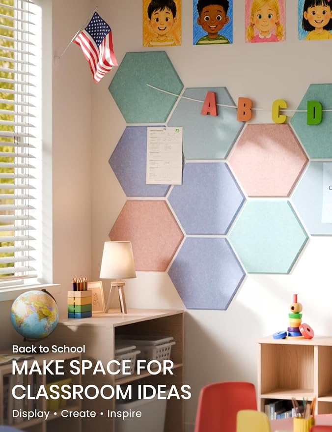 Fluxynara 12-Pack Hexagon Felt Bulletin Board Tiles, Coastal Haze-1 | Cork Board Alternative with 60 Adhesive Tabs for Notes, Photos and Reminders in Home Offices, Dorm and Classrooms