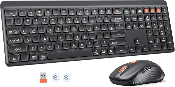 MEETION Bluetooth Keyboard and Mouse Combo, Silent Multi-Device, Black | Full-size keyboard with 2.4G & dual Bluetooth connection, 4-level DPI wireless mouse, compatible with Windows and Mac OS